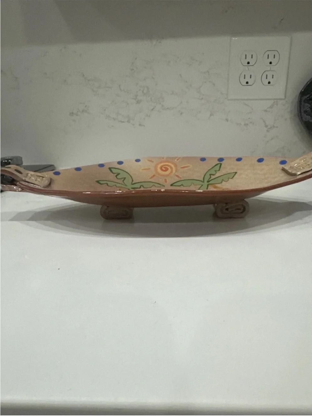 Hand Painted Oblong Pottery Dish Sun Palm Trees Cats Folk Art